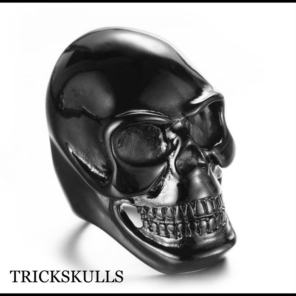 Black Anodized Long Face Biker Skull Rings Modern Punk Rock Artisan Design New!